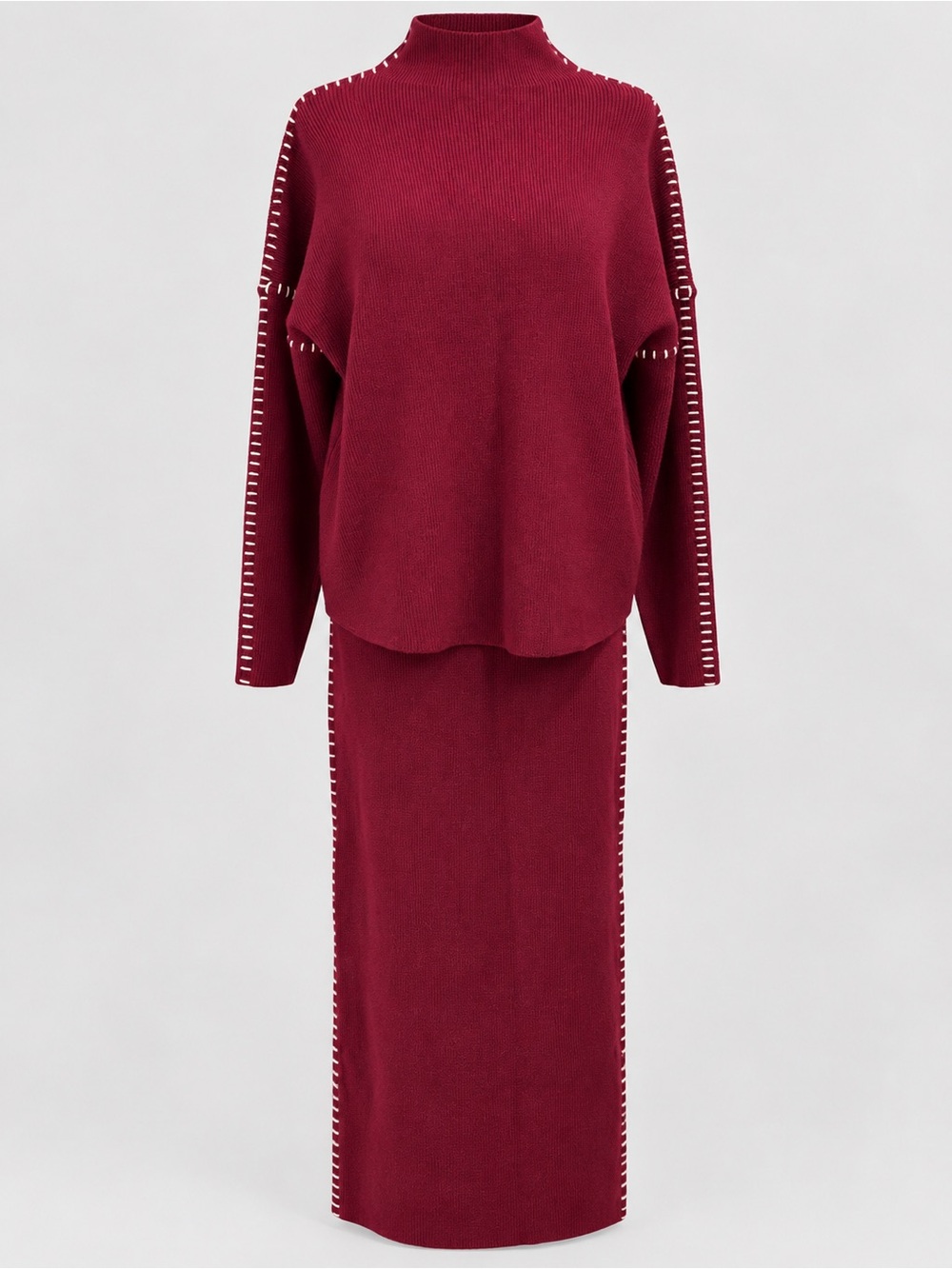 Skies Are Blue Burgundy Ivory Knit Sweater Midi Skirt Set Size S